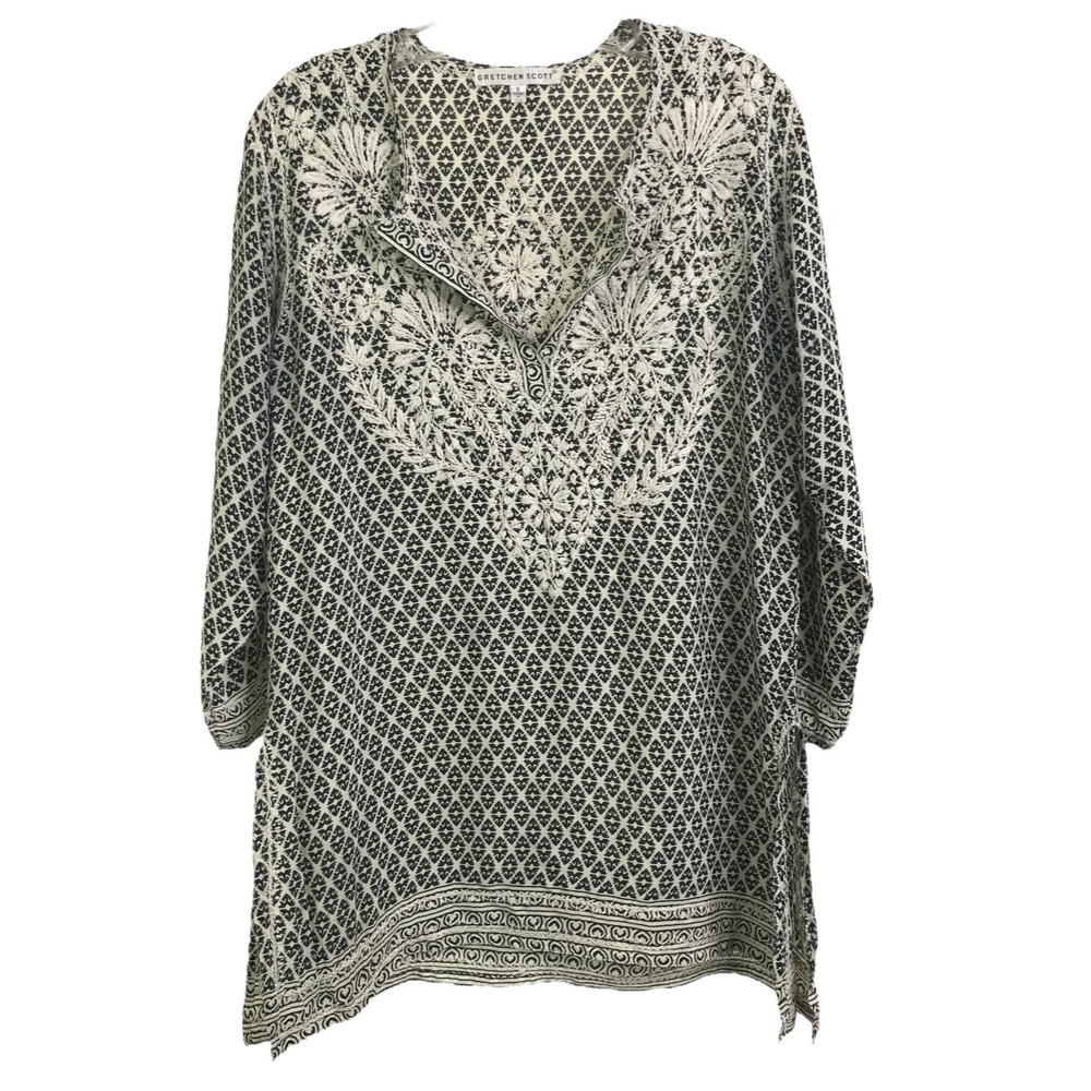 Gretchen Scott Embroidered Tunic Boho Top Black White Floral Caftan Coverup S‎